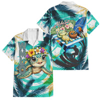Hawaii Waimanalo Sea Turtle Family Matching Off Shoulder Short Dress and Hawaiian Shirt Cute Tropical Beach Aloha Spirit Cartoon TS04 Dad's Shirt - Short Sleeve Green Blue - Polynesian Pride