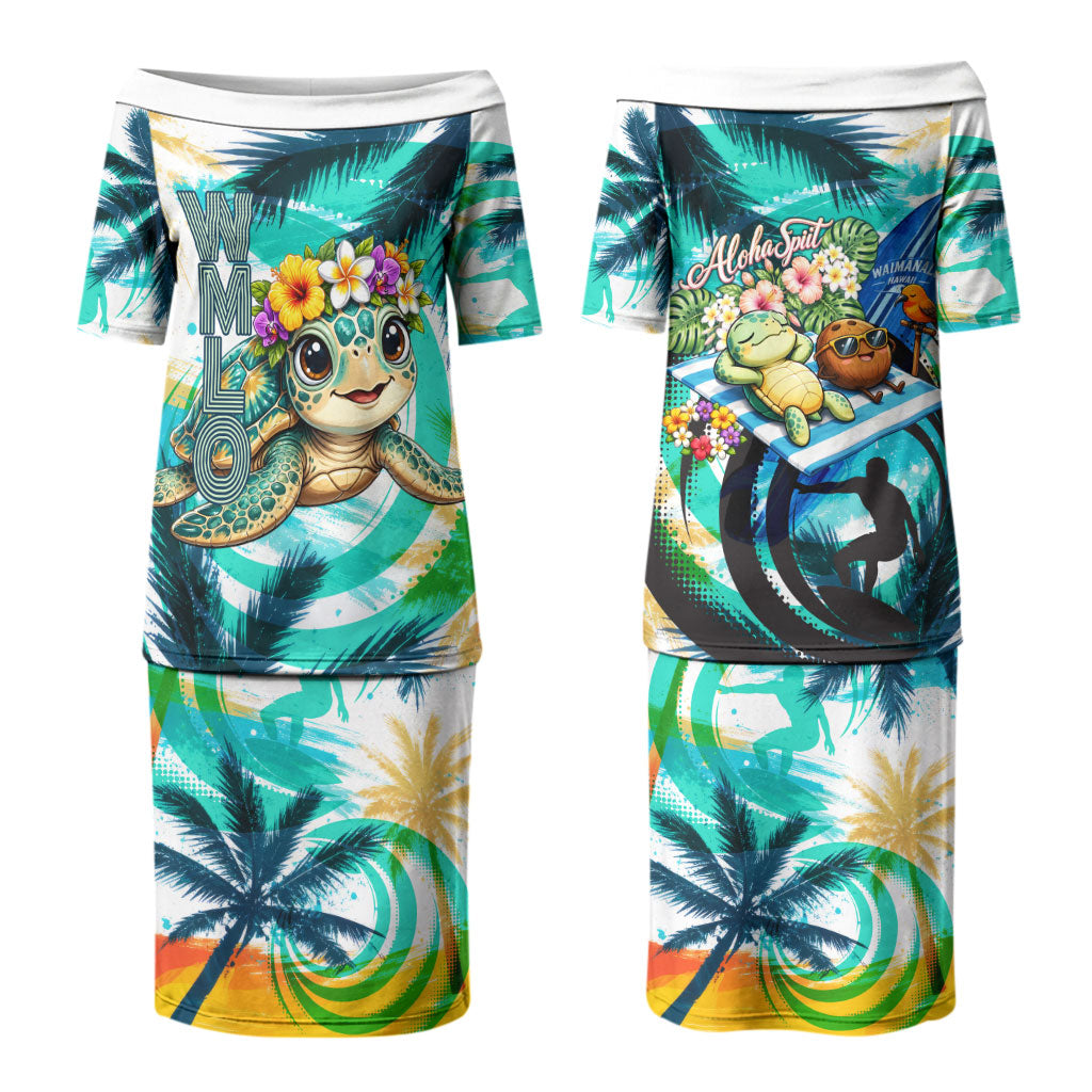 Hawaii Waimanalo Sea Turtle Family Matching Puletasi and Hawaiian Shirt Cute Tropical Beach Aloha Spirit Cartoon TS04 Mom's Dress Green Blue - Polynesian Pride