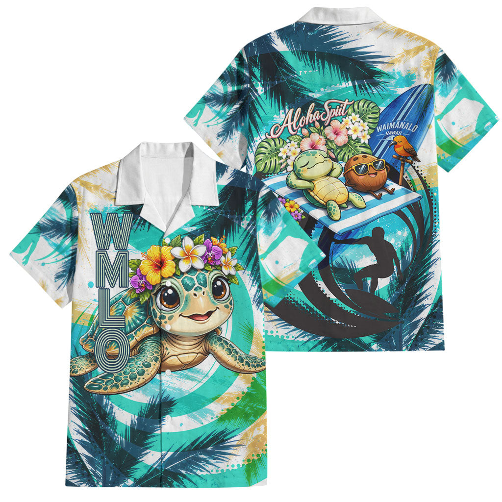 Hawaii Waimanalo Sea Turtle Family Matching Puletasi and Hawaiian Shirt Cute Tropical Beach Aloha Spirit Cartoon TS04 Dad's Shirt - Short Sleeve Green Blue - Polynesian Pride