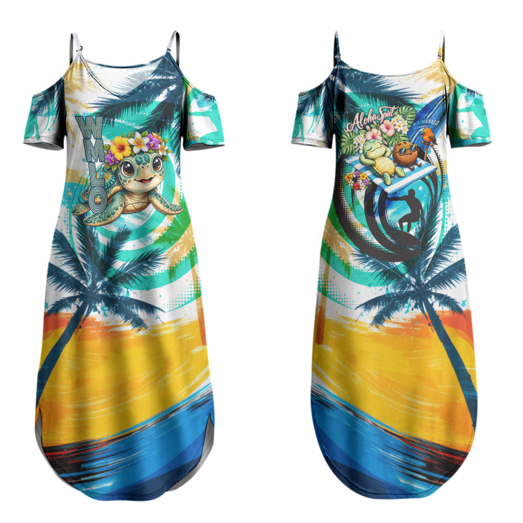 Hawaii Waimanalo Sea Turtle Family Matching Summer Maxi Dress and Hawaiian Shirt Cute Tropical Beach Aloha Spirit Cartoon TS04 Mom's Dress Green Blue - Polynesian Pride