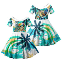 Hawaii Waimanalo Sea Turtle Family Matching Summer Maxi Dress and Hawaiian Shirt Cute Tropical Beach Aloha Spirit Cartoon TS04 Daughter's Dress Green Blue - Polynesian Pride