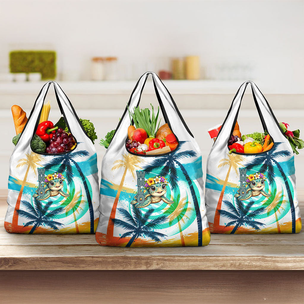 Hawaii Waimanalo Sea Turtle Grocery Bag Cute Tropical Beach Aloha Spirit Cartoon TS04 3-pack One Size Green Blue - Polynesian Pride