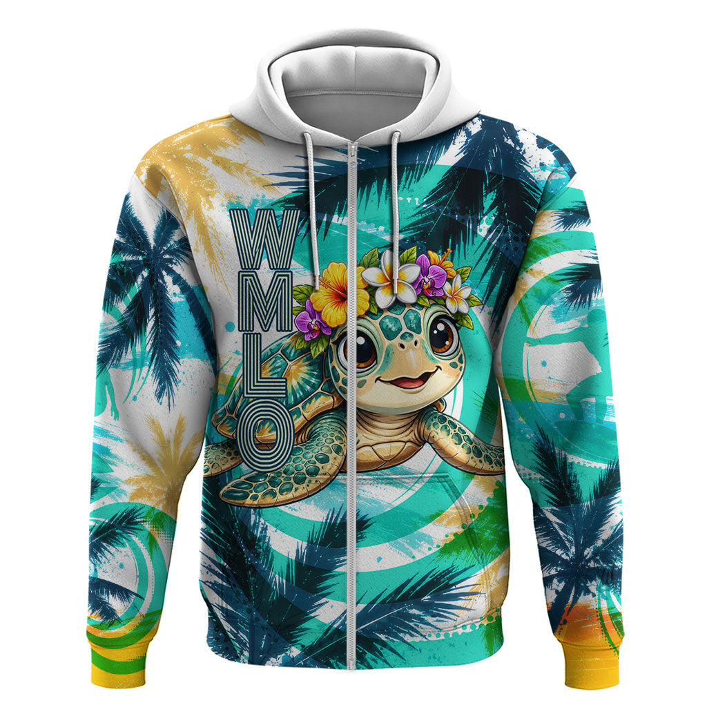 Hawaii Waimanalo Sea Turtle Hoodie Cute Tropical Beach Aloha Spirit Cartoon TS04 Zip Hoodie Green Blue - Polynesian Pride
