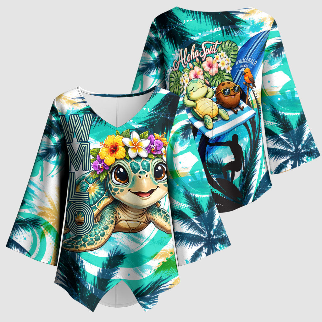 Hawaii Waimanalo Sea Turtle Kimono Sleeve Blouse Cute Tropical Beach Aloha Spirit Cartoon