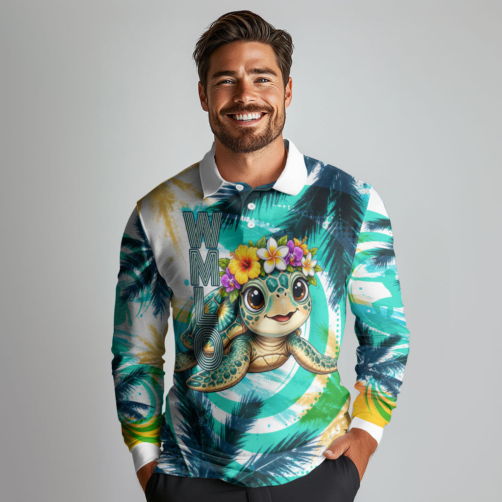 Hawaii Waimanalo Sea Turtle Long Sleeve Polo Shirt Cute Tropical Beach Aloha Spirit Cartoon TS04 - Polynesian Pride