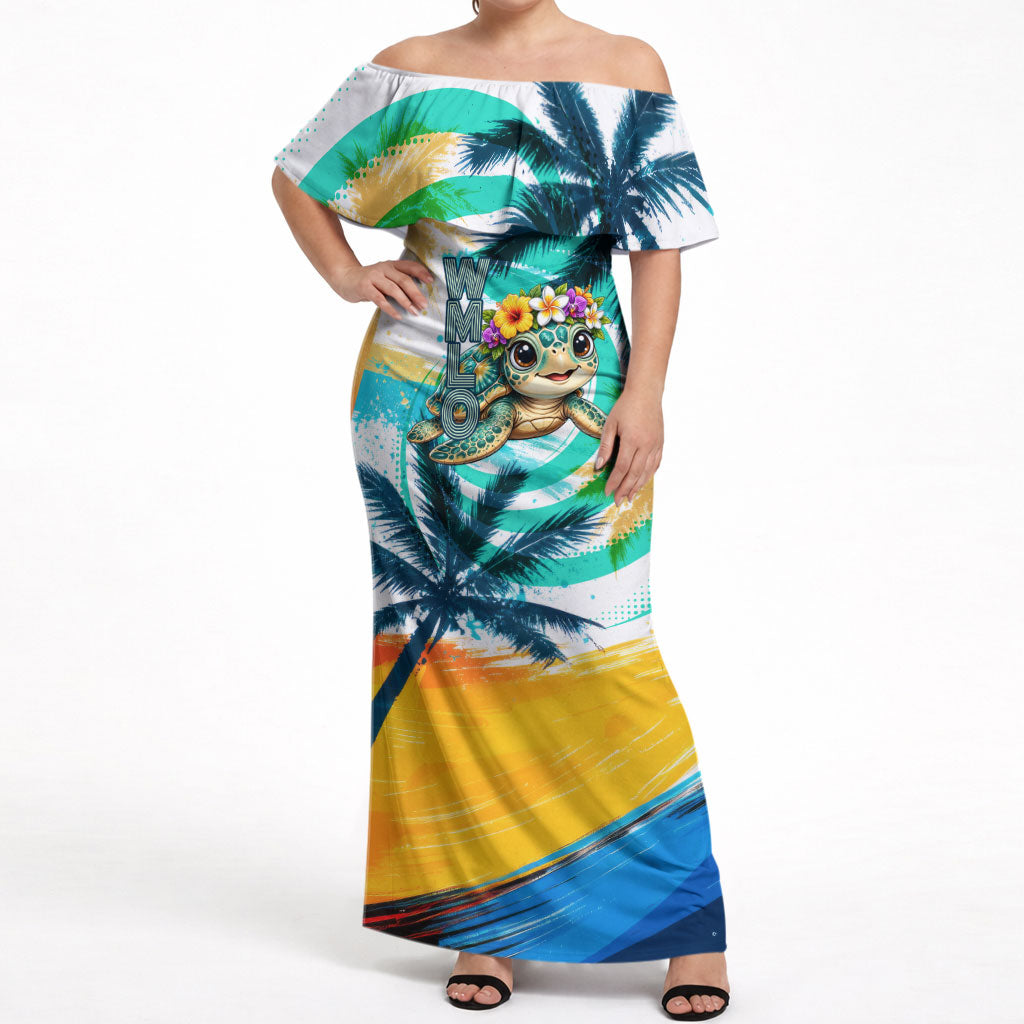 Hawaii Waimanalo Sea Turtle Off Shoulder Maxi Dress Cute Tropical Beach Aloha Spirit Cartoon