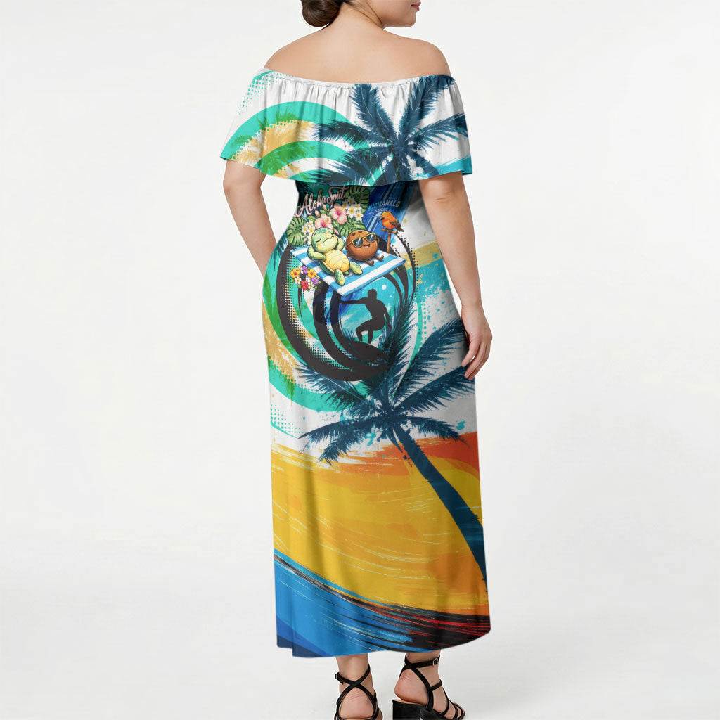 Hawaii Waimanalo Sea Turtle Off Shoulder Maxi Dress Cute Tropical Beach Aloha Spirit Cartoon
