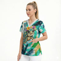 Hawaii Waimanalo Sea Turtle Scrub Top Cute Tropical Beach Aloha Spirit Cartoon