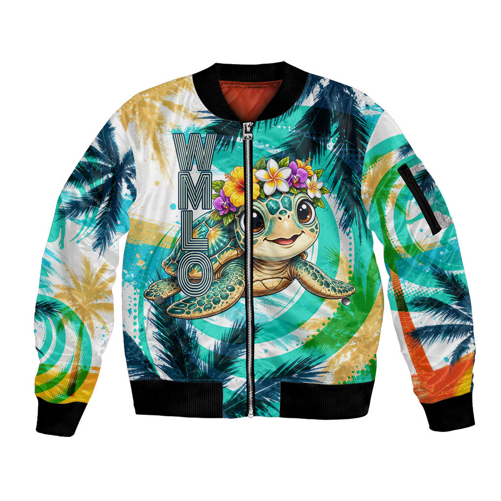 Hawaii Waimanalo Sea Turtle Sleeve Zip Bomber Jacket Cute Tropical Beach Aloha Spirit Cartoon