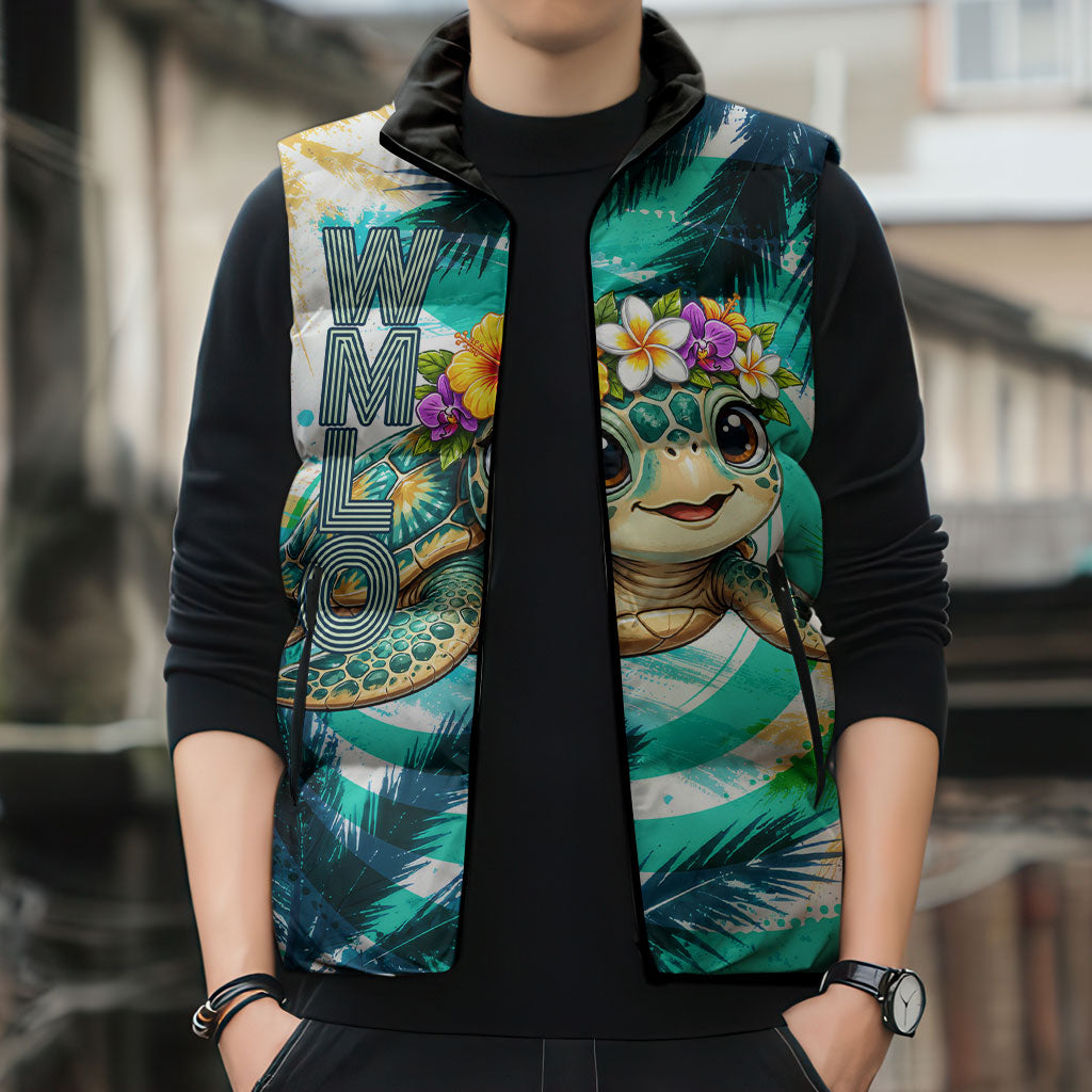 Hawaii Waimanalo Sea Turtle Sleeveless Puffer Jacket Cute Tropical Beach Aloha Spirit Cartoon