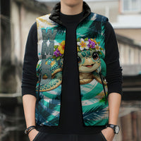 Hawaii Waimanalo Sea Turtle Sleeveless Puffer Jacket Cute Tropical Beach Aloha Spirit Cartoon