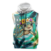 Hawaii Waimanalo Sea Turtle Sleeveless Zip Hoodie Cute Tropical Beach Aloha Spirit Cartoon TS04 Green Blue - Polynesian Pride