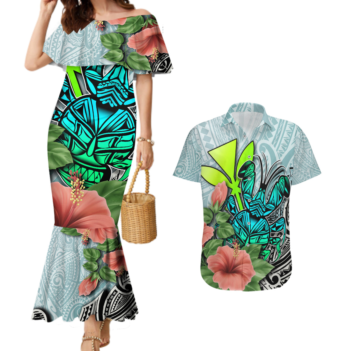 Polynesian Hawaii Couples Matching Mermaid Dress and Hawaiian Shirt Kanaka with Crab Tribal tattoo TS04 Multicolor - Polynesian Pride