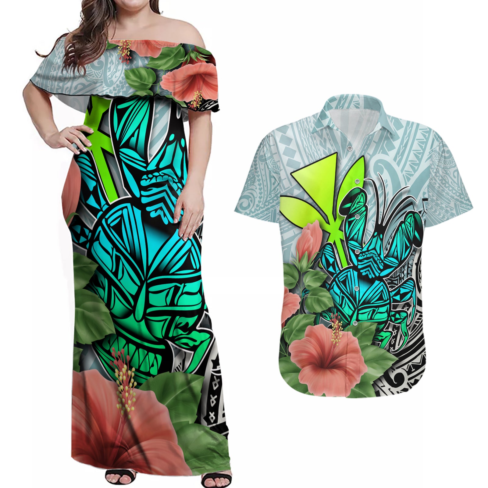 Polynesian Hawaii Couples Matching Off Shoulder Maxi Dress and Hawaiian Shirt Kanaka with Crab Tribal tattoo TS04 Multicolor - Polynesian Pride