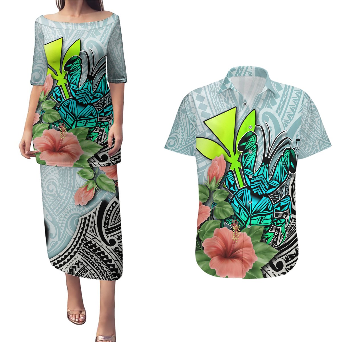 Polynesian Hawaii Couples Matching Puletasi Dress and Hawaiian Shirt Kanaka with Crab Tribal tattoo TS04 Multicolor - Polynesian Pride