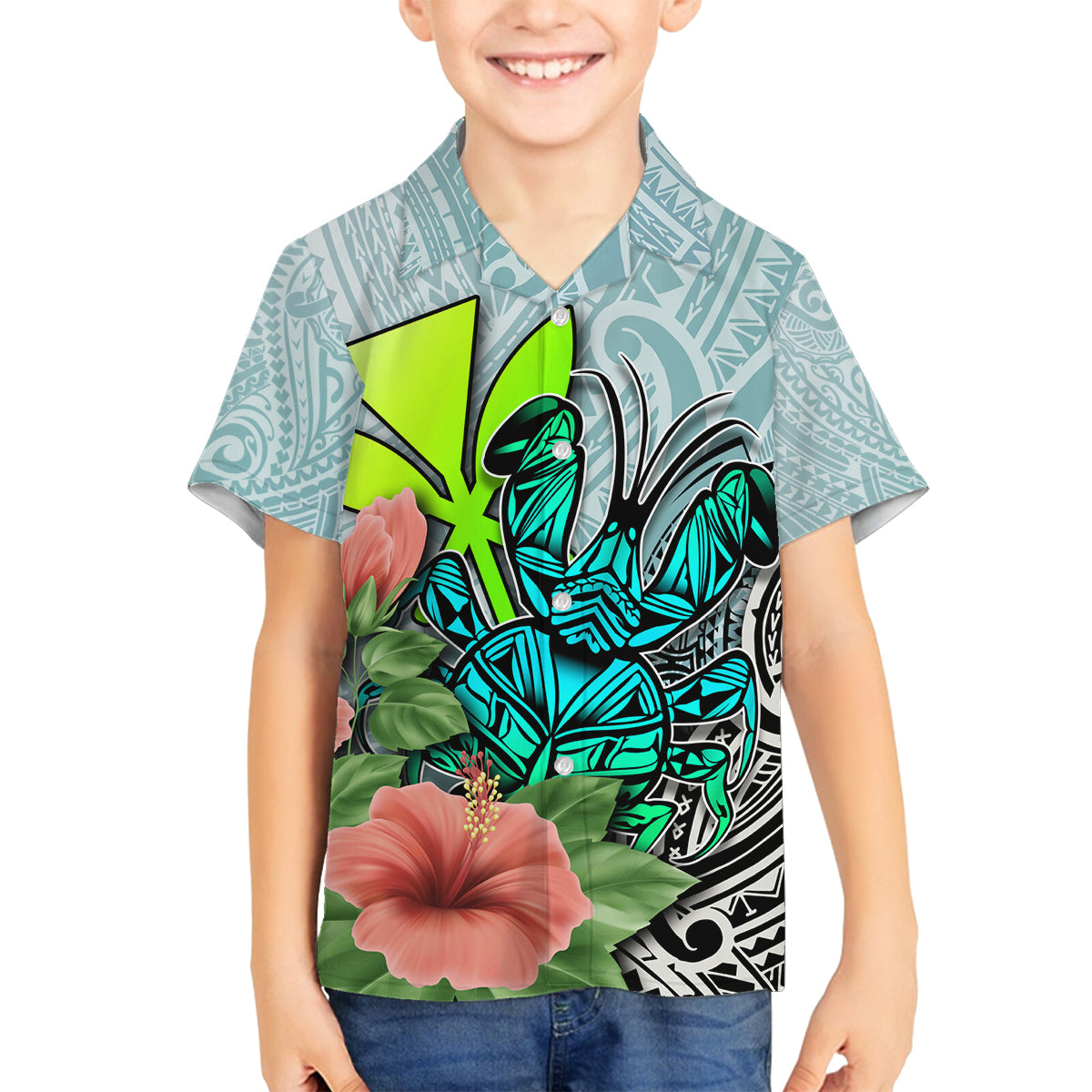Polynesian Hawaii Family Matching Off Shoulder Long Sleeve Dress and Hawaiian Shirt Kanaka with Crab Tribal tattoo TS04 Son's Shirt Multicolor - Polynesian Pride