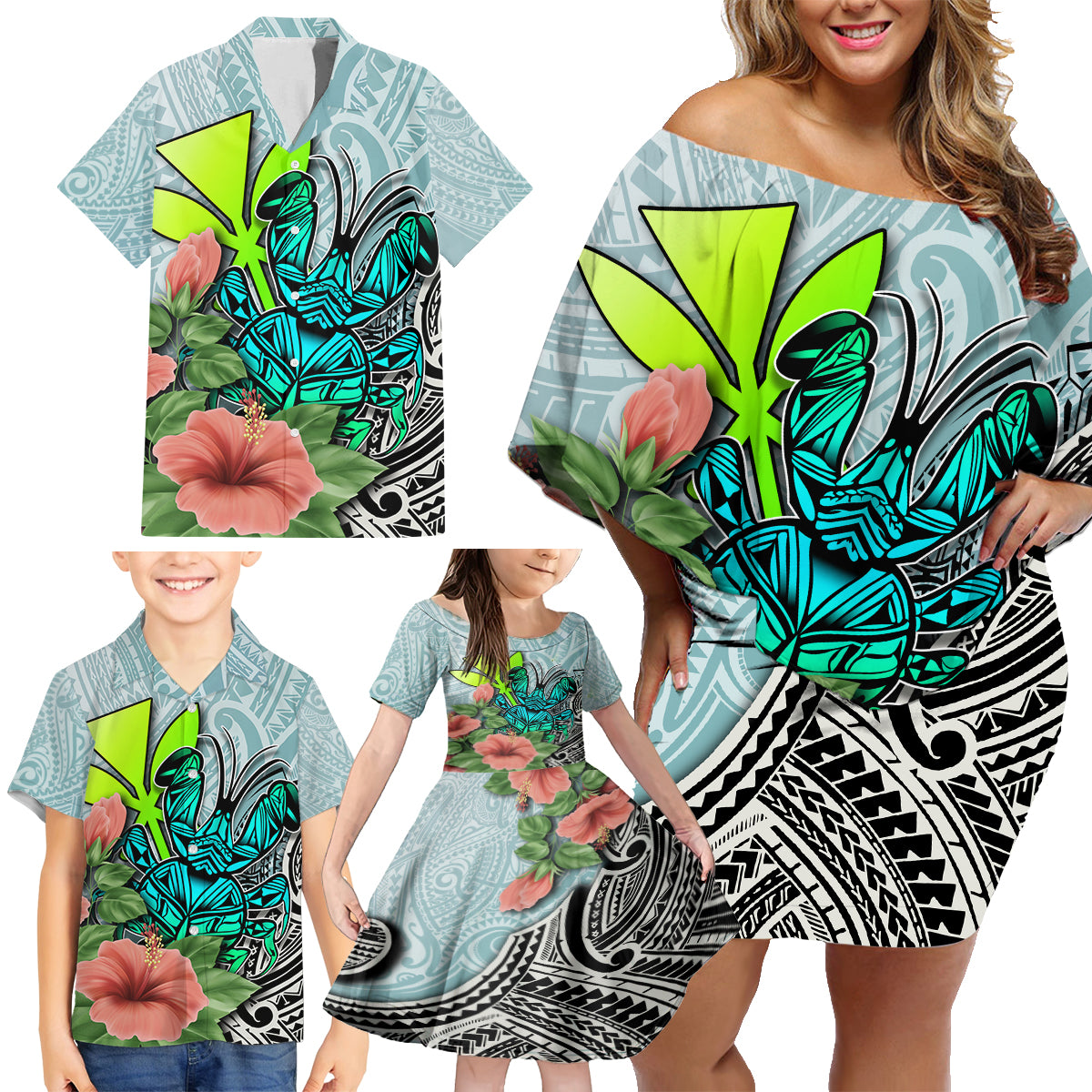 Polynesian Hawaii Family Matching Off Shoulder Short Dress and Hawaiian Shirt Kanaka with Crab Tribal tattoo TS04 - Polynesian Pride