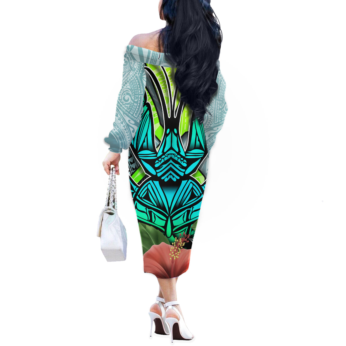 Polynesian Hawaii Off The Shoulder Long Sleeve Dress Kanaka with Crab Tribal tattoo TS04 - Polynesian Pride