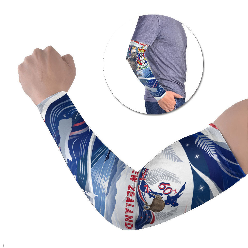 Personalized New Zealand 60th Birthday Arm Sleeves Silver Fern Kiwi Bird Coat Of Arms Flag Graphic Art