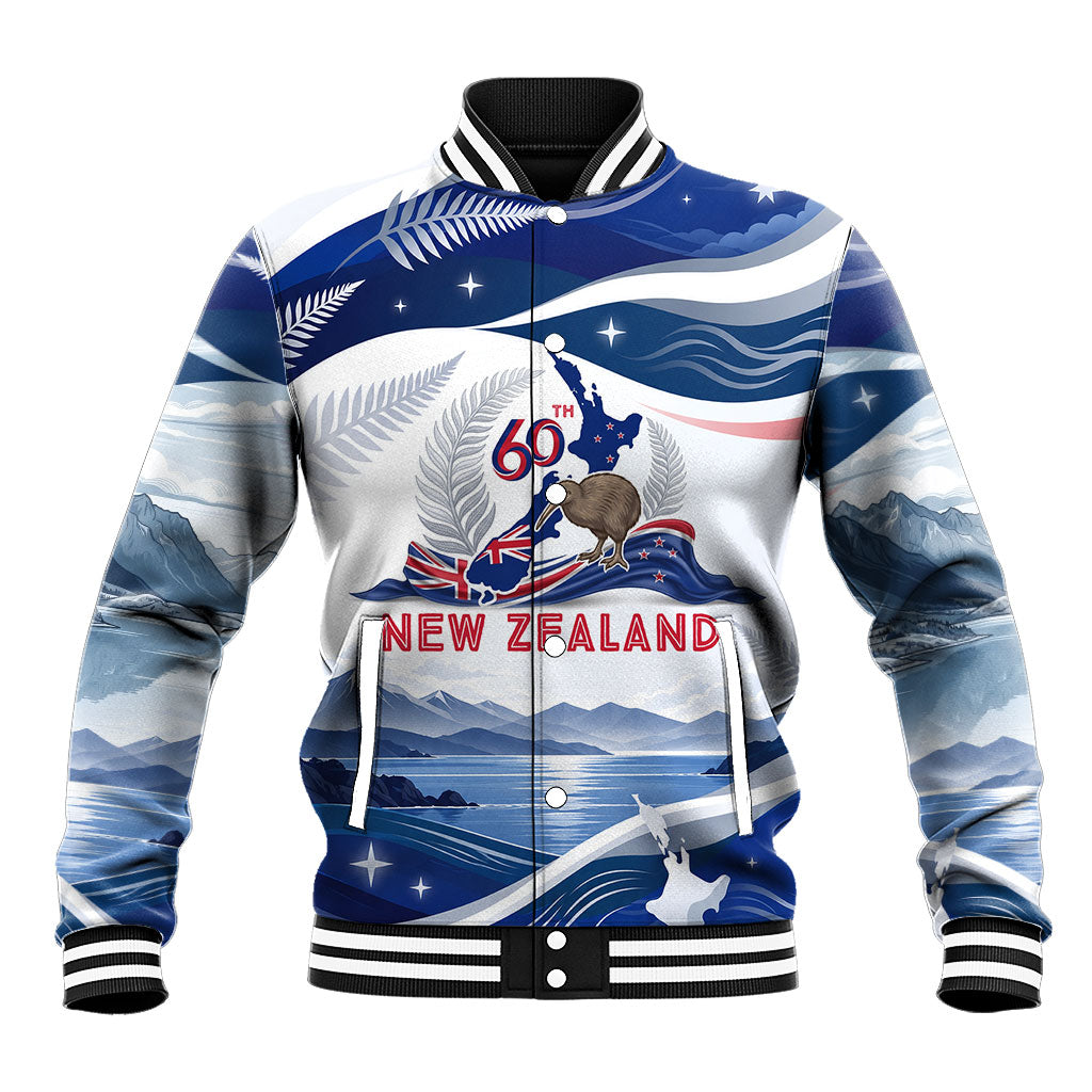Personalized New Zealand 60th Birthday Baseball Jacket Silver Fern Kiwi Bird Coat Of Arms Flag Graphic Art TS04 Unisex Blue White - Polynesian Pride