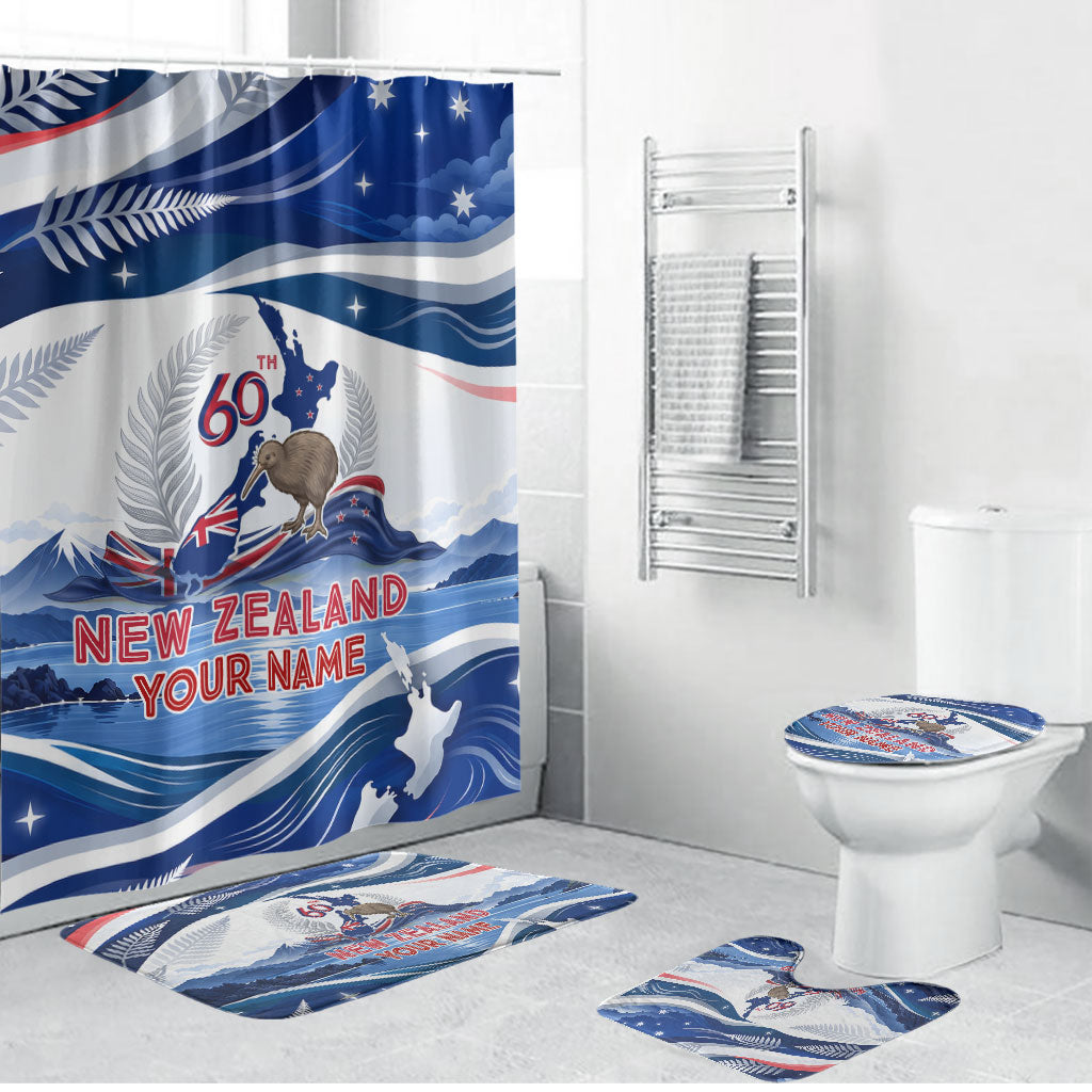 Personalized New Zealand 60th Birthday Bathroom Set Silver Fern Kiwi Bird Coat Of Arms Flag Graphic Art
