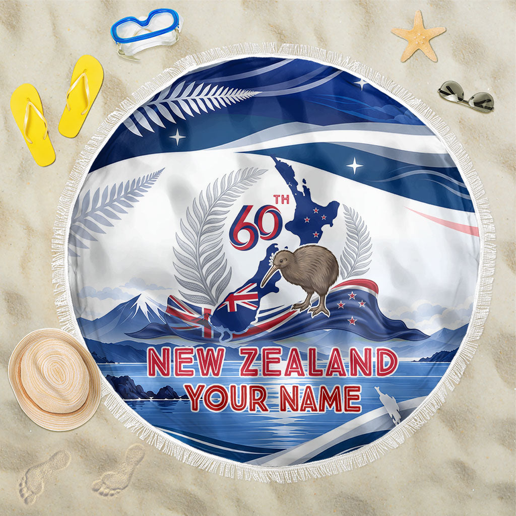 Personalized New Zealand 60th Birthday Beach Blanket Silver Fern Kiwi Bird Coat Of Arms Flag Graphic Art