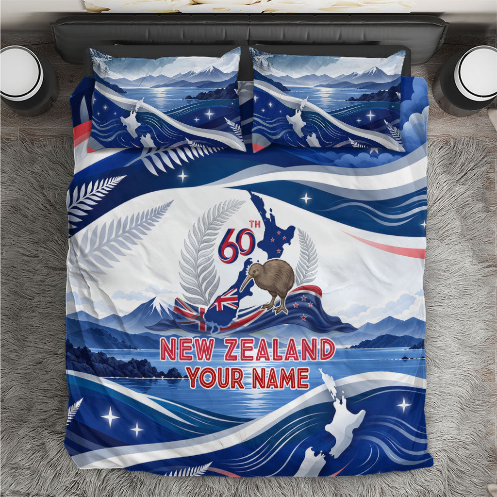 Personalized New Zealand 60th Birthday Bedding Set Silver Fern Kiwi Bird Coat Of Arms Flag Graphic Art