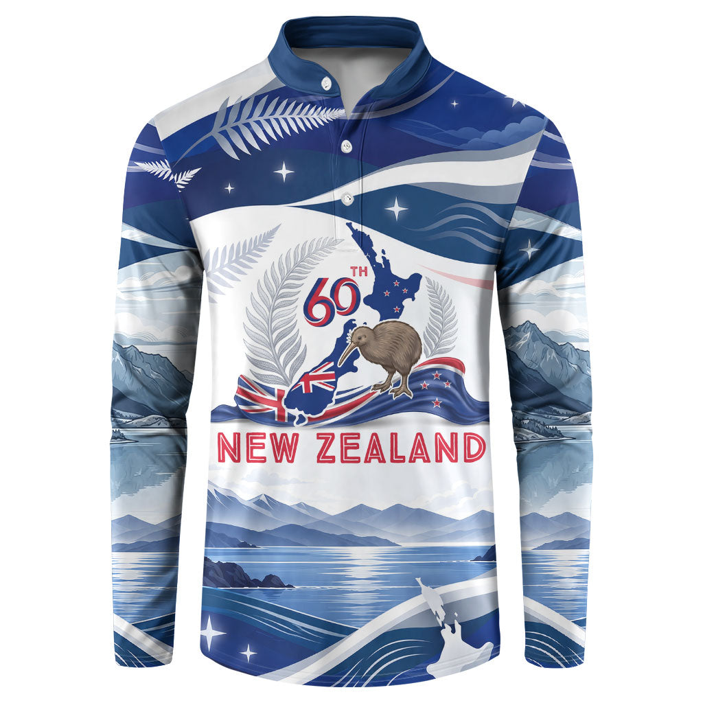 Personalized New Zealand 60th Birthday Button Sweatshirt Silver Fern Kiwi Bird Coat Of Arms Flag Graphic Art TS04 Blue White - Polynesian Pride