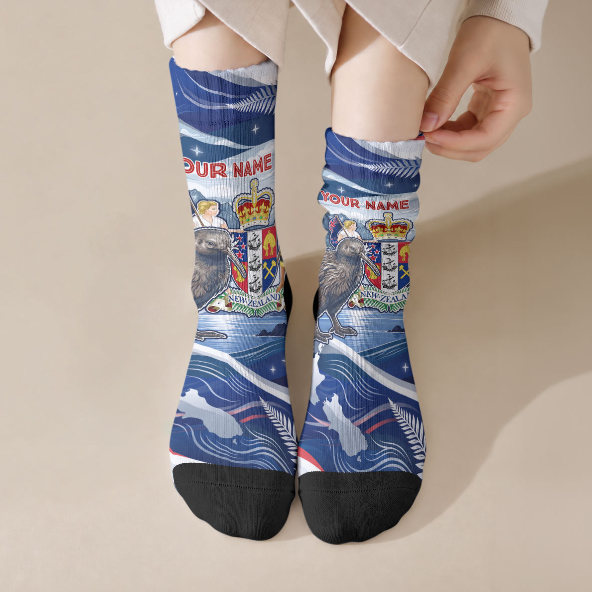 Personalized New Zealand 60th Birthday Crew Socks Silver Fern Kiwi Bird Coat Of Arms Flag Graphic Art