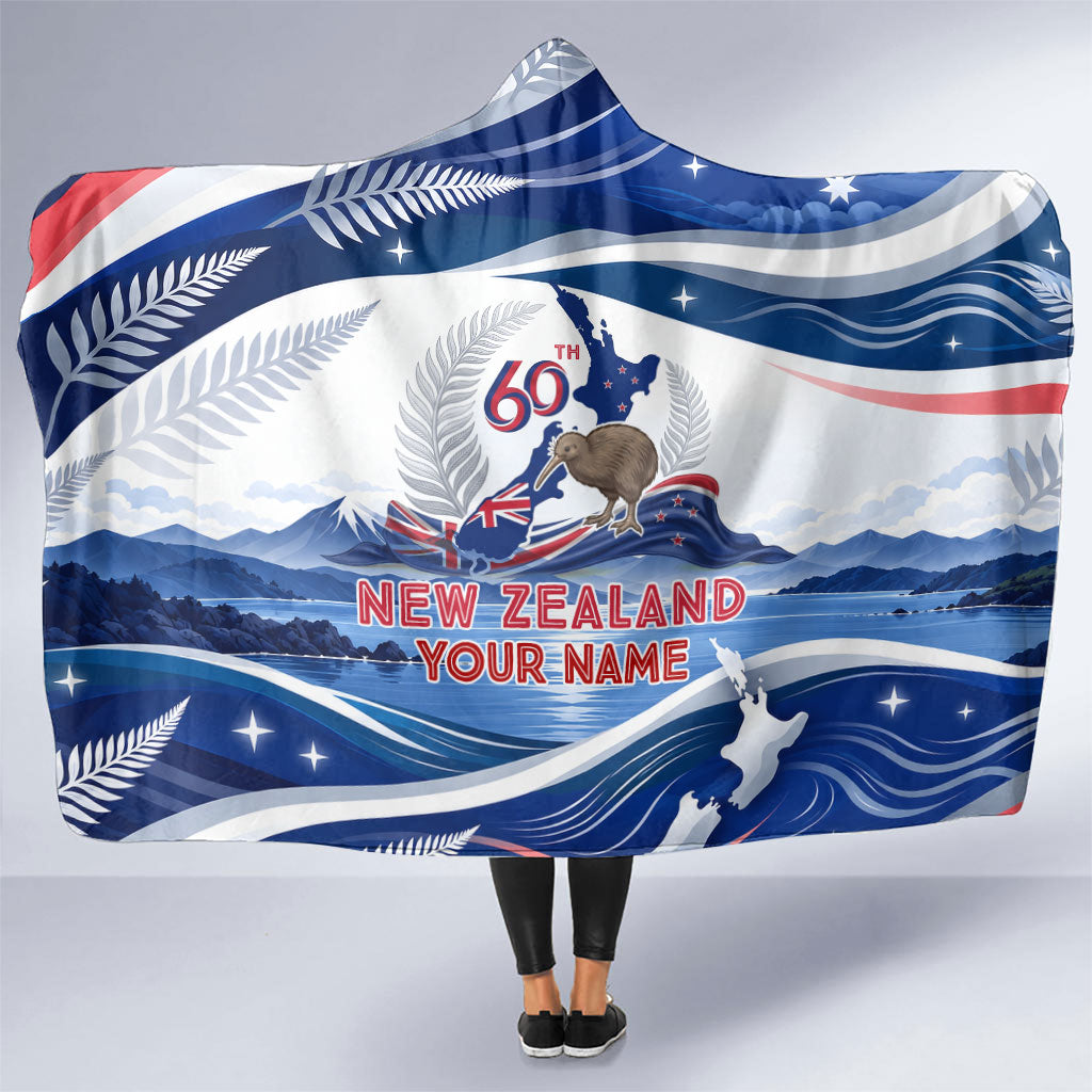 Personalized New Zealand 60th Birthday Hooded Blanket Silver Fern Kiwi Bird Coat Of Arms Flag Graphic Art TS04 One Size Blue White - Polynesian Pride