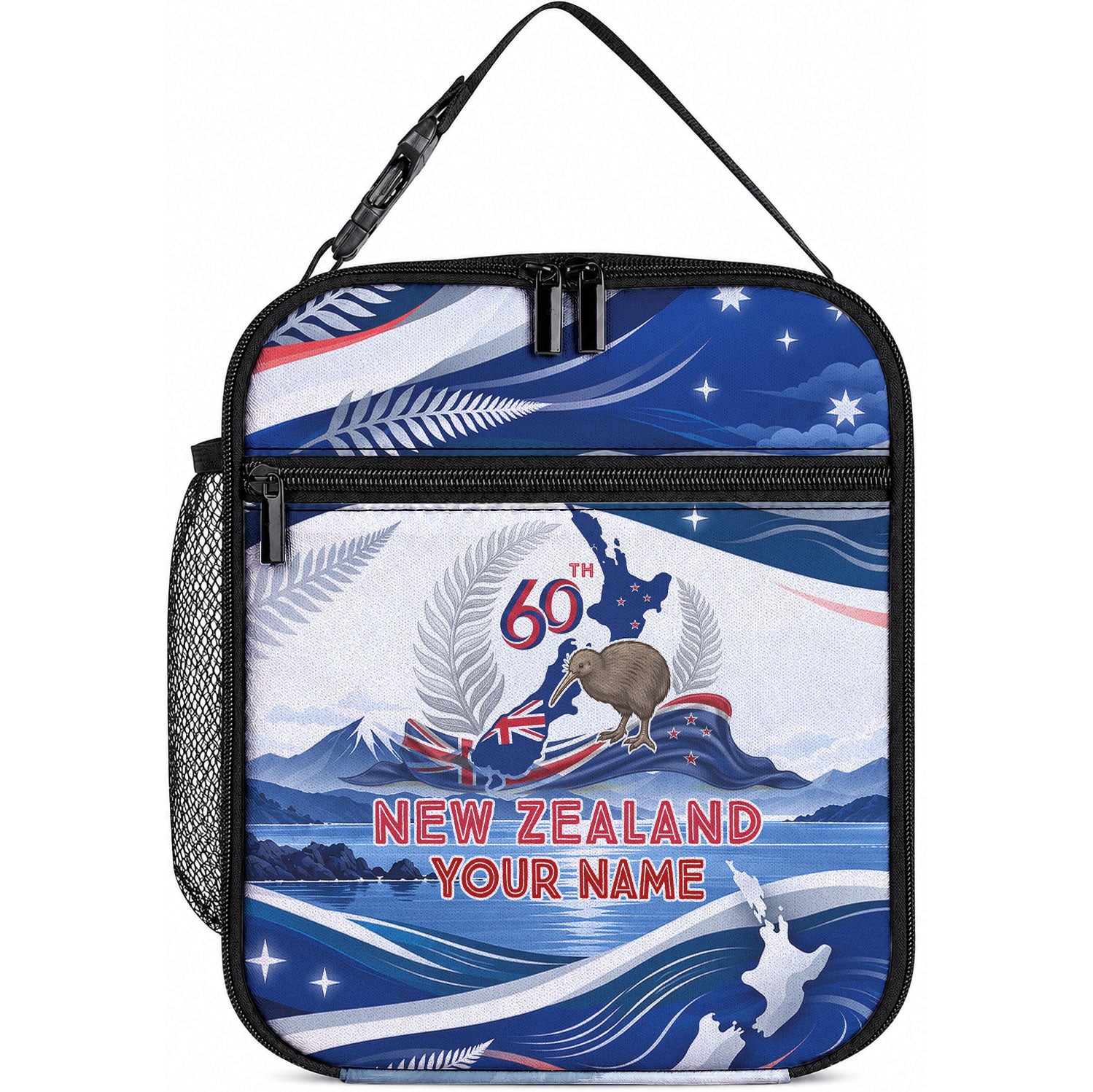 Personalized New Zealand 60th Birthday Lunch Bag Silver Fern Kiwi Bird Coat Of Arms Flag Graphic Art TS04 10.2 × 8.3 × 4.3 inch Blue White - Polynesian Pride