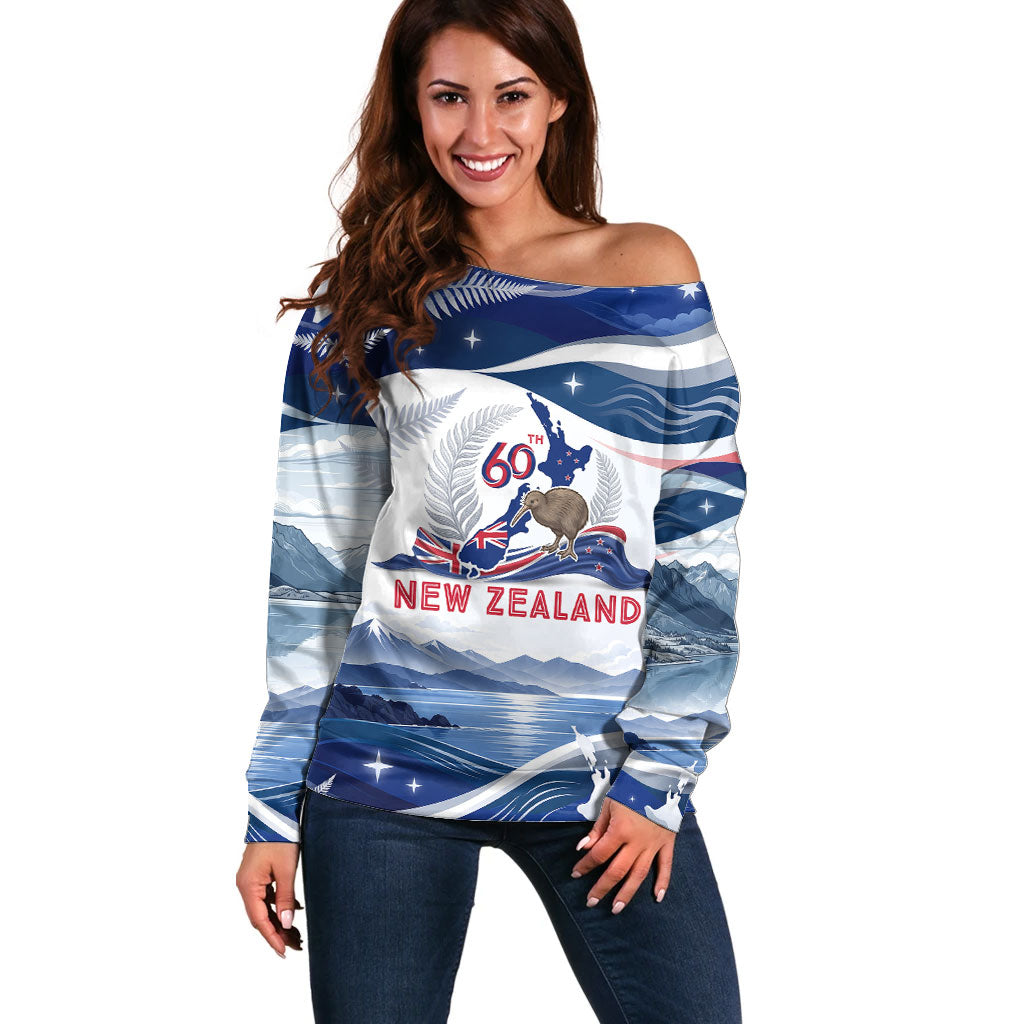 Personalized New Zealand 60th Birthday Off Shoulder Sweater Silver Fern Kiwi Bird Coat Of Arms Flag Graphic Art TS04 Women Blue White - Polynesian Pride