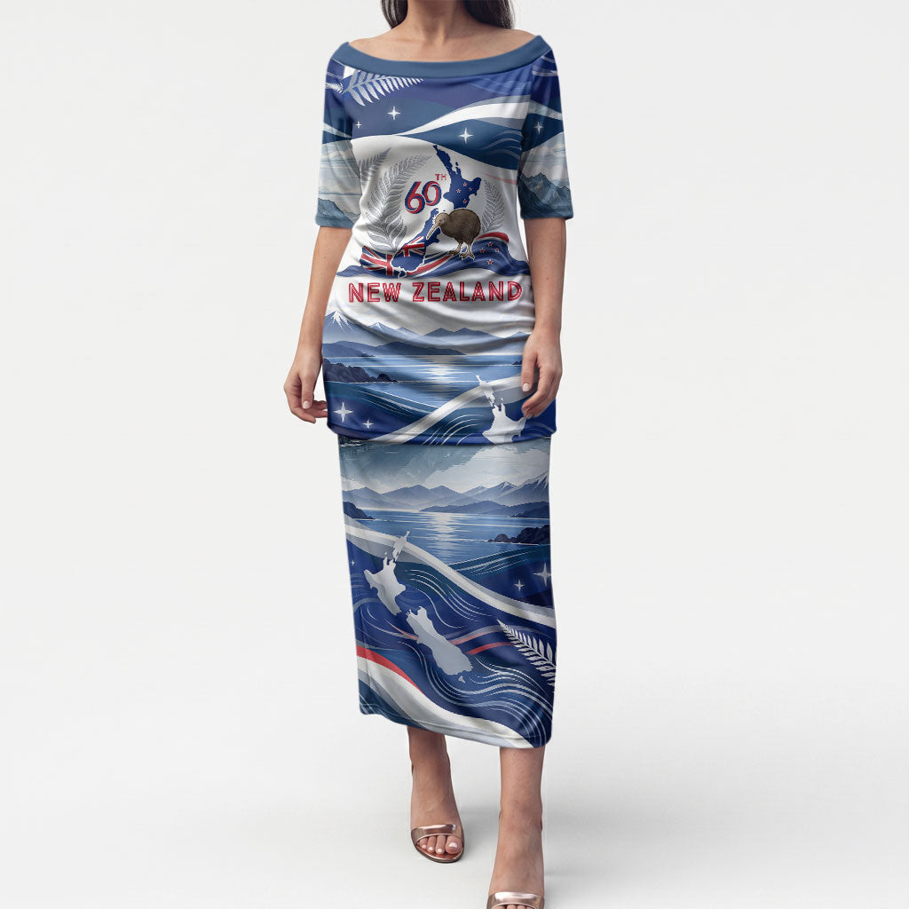 Personalized New Zealand 60th Birthday Puletasi Silver Fern Kiwi Bird Coat Of Arms Flag Graphic Art TS04 Long Dress Blue White - Polynesian Pride