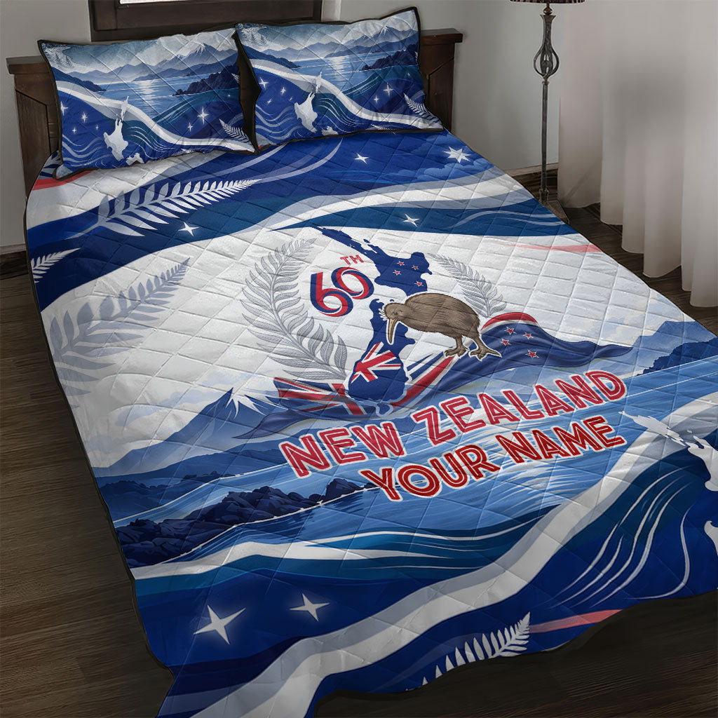 Personalized New Zealand 60th Birthday Quilt Bed Set Silver Fern Kiwi Bird Coat Of Arms Flag Graphic Art
