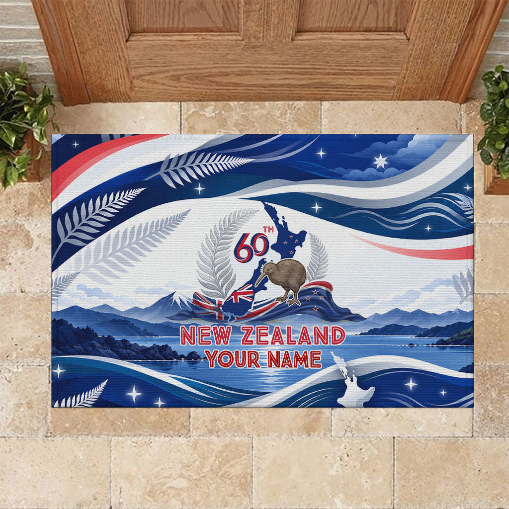 Personalized New Zealand 60th Birthday Rubber Doormat Silver Fern Kiwi Bird Coat Of Arms Flag Graphic Art TS04 Blue White - Polynesian Pride