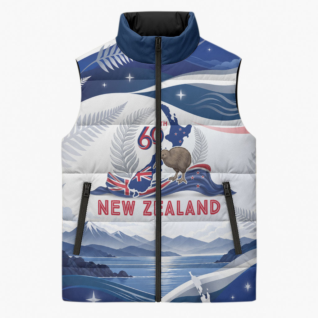 Personalized New Zealand 60th Birthday Sleeveless Puffer Jacket Silver Fern Kiwi Bird Coat Of Arms Flag Graphic Art TS04 Unisex Blue White - Polynesian Pride