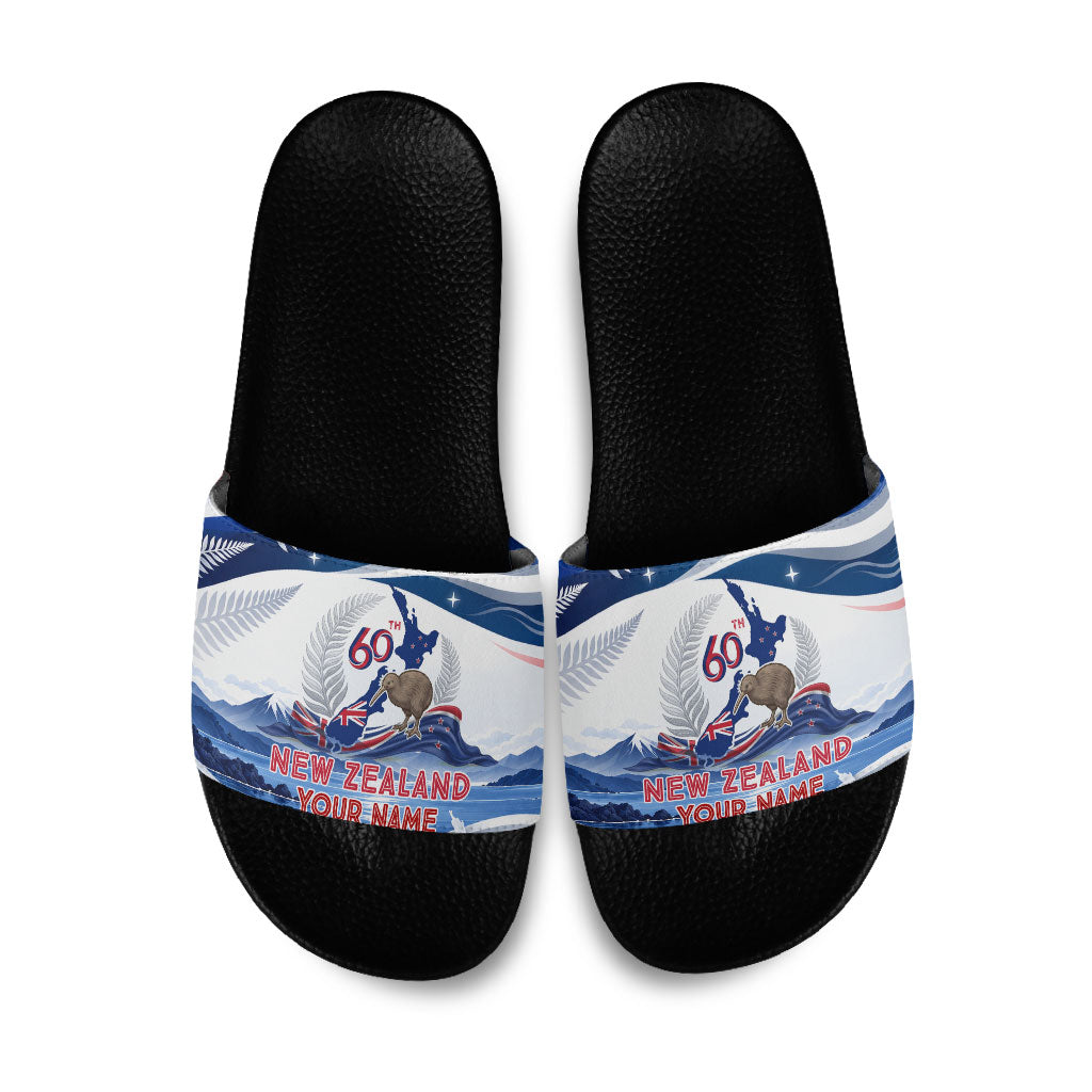 Personalized New Zealand 60th Birthday Slide Sandals Silver Fern Kiwi Bird Coat Of Arms Flag Graphic Art TS04 Blue White - Polynesian Pride