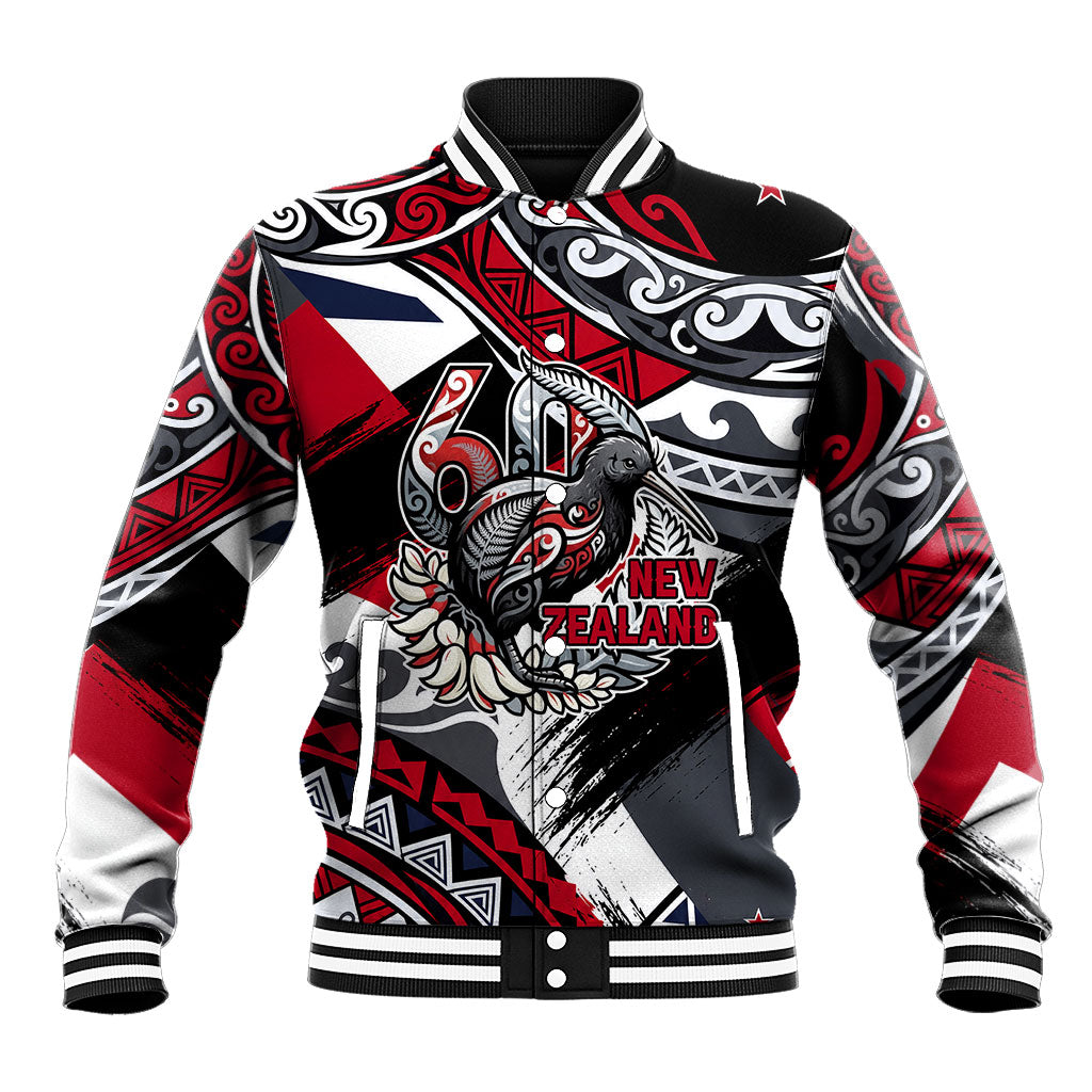 Personalized New Zealand 60th Birthday Baseball Jacket Maori Tribal Patterns Kiwi Bird Silver Fern Flag Graphic Art TS04 Unisex Red Black - Polynesian Pride