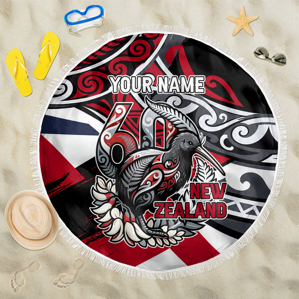 Personalized New Zealand 60th Birthday Beach Blanket Maori Tribal Patterns Kiwi Bird Silver Fern Flag Graphic Art