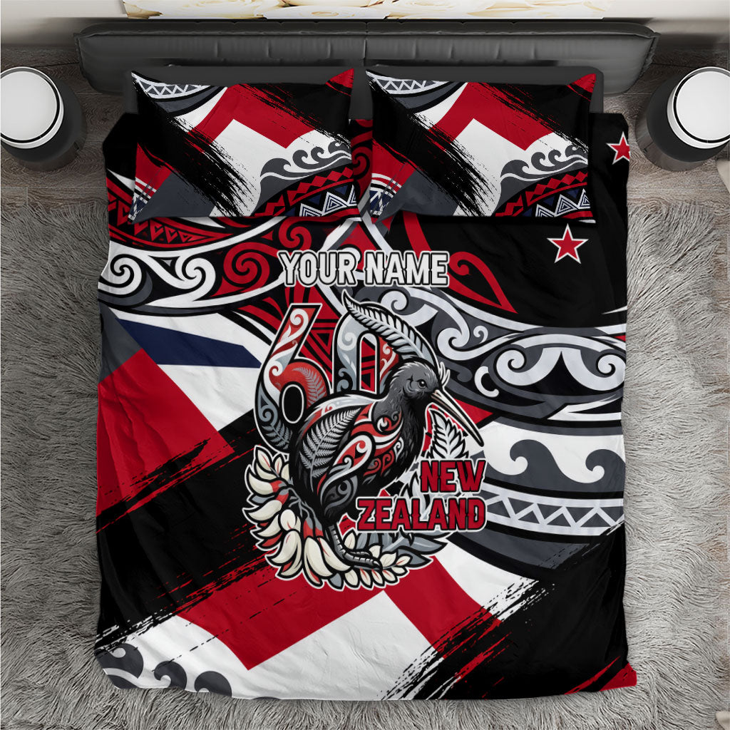 Personalized New Zealand 60th Birthday Bedding Set Maori Tribal Patterns Kiwi Bird Silver Fern Flag Graphic Art