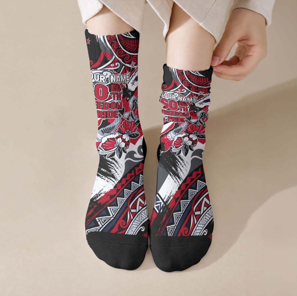 Personalized New Zealand 60th Birthday Crew Socks Maori Tribal Patterns Kiwi Bird Silver Fern Flag Graphic Art