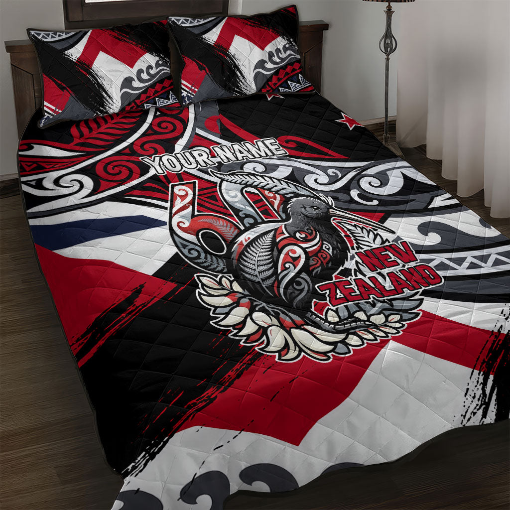 Personalized New Zealand 60th Birthday Quilt Bed Set Maori Tribal Patterns Kiwi Bird Silver Fern Flag Graphic Art