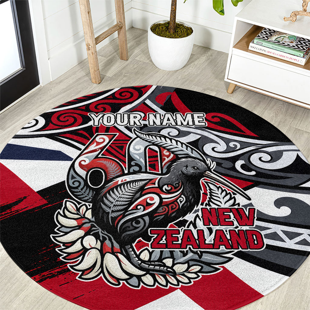 Personalized New Zealand 60th Birthday Round Carpet Maori Tribal Patterns Kiwi Bird Silver Fern Flag Graphic Art TS04 Red Black - Polynesian Pride