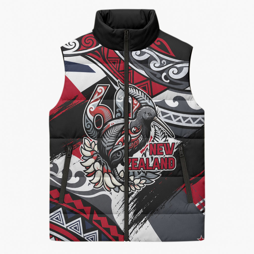 Personalized New Zealand 60th Birthday Sleeveless Puffer Jacket Maori Tribal Patterns Kiwi Bird Silver Fern Flag Graphic Art