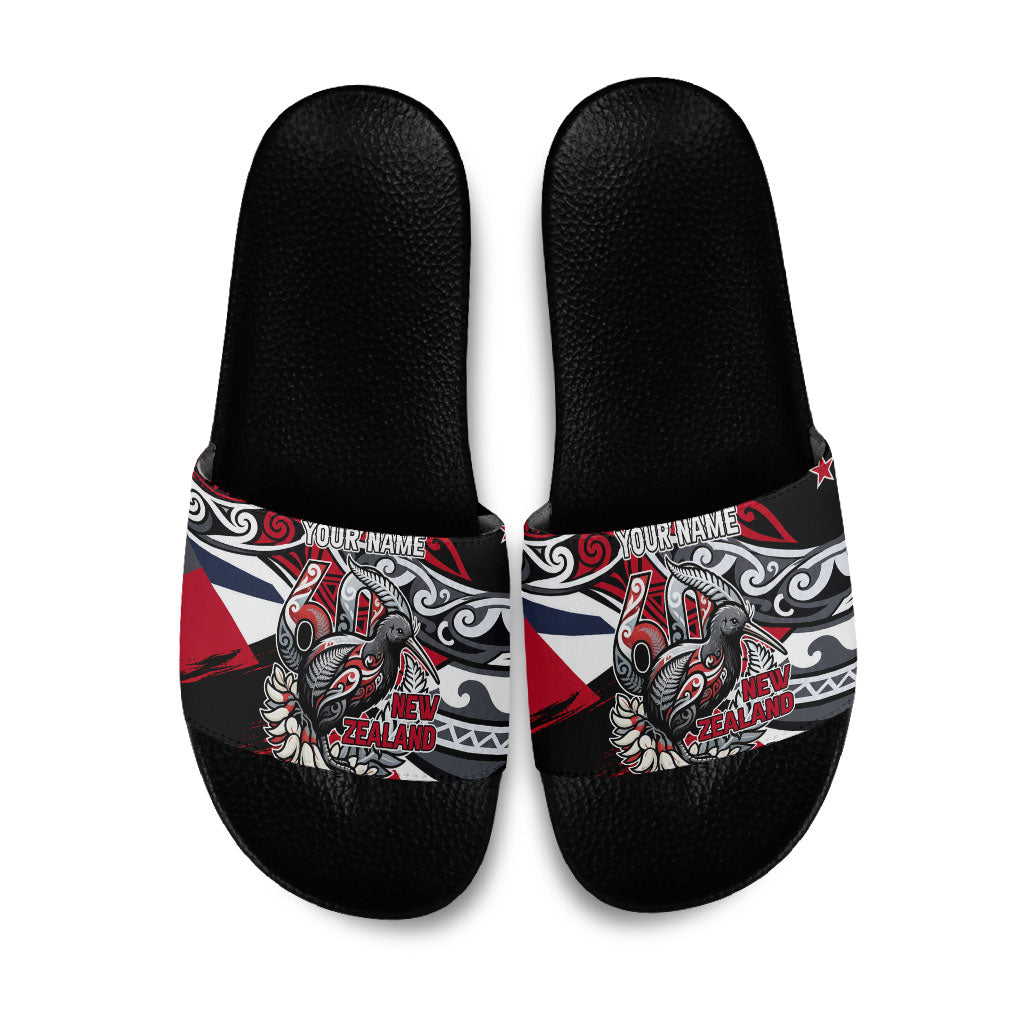 Personalized New Zealand 60th Birthday Slide Sandals Maori Tribal Patterns Kiwi Bird Silver Fern Flag Graphic Art TS04 Red Black - Polynesian Pride