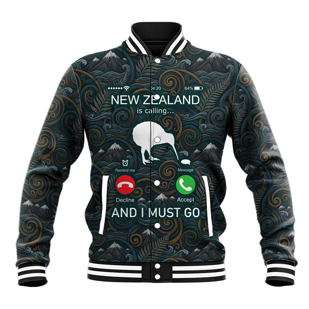 New Zealand is Calling and I Must Go Baseball Jacket Kiwi Bird Silhouette