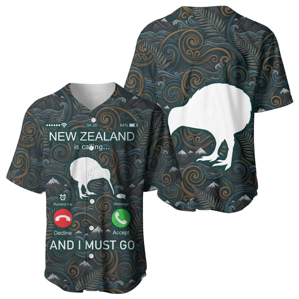 New Zealand is Calling and I Must Go Baseball Jersey Kiwi Bird Silhouette