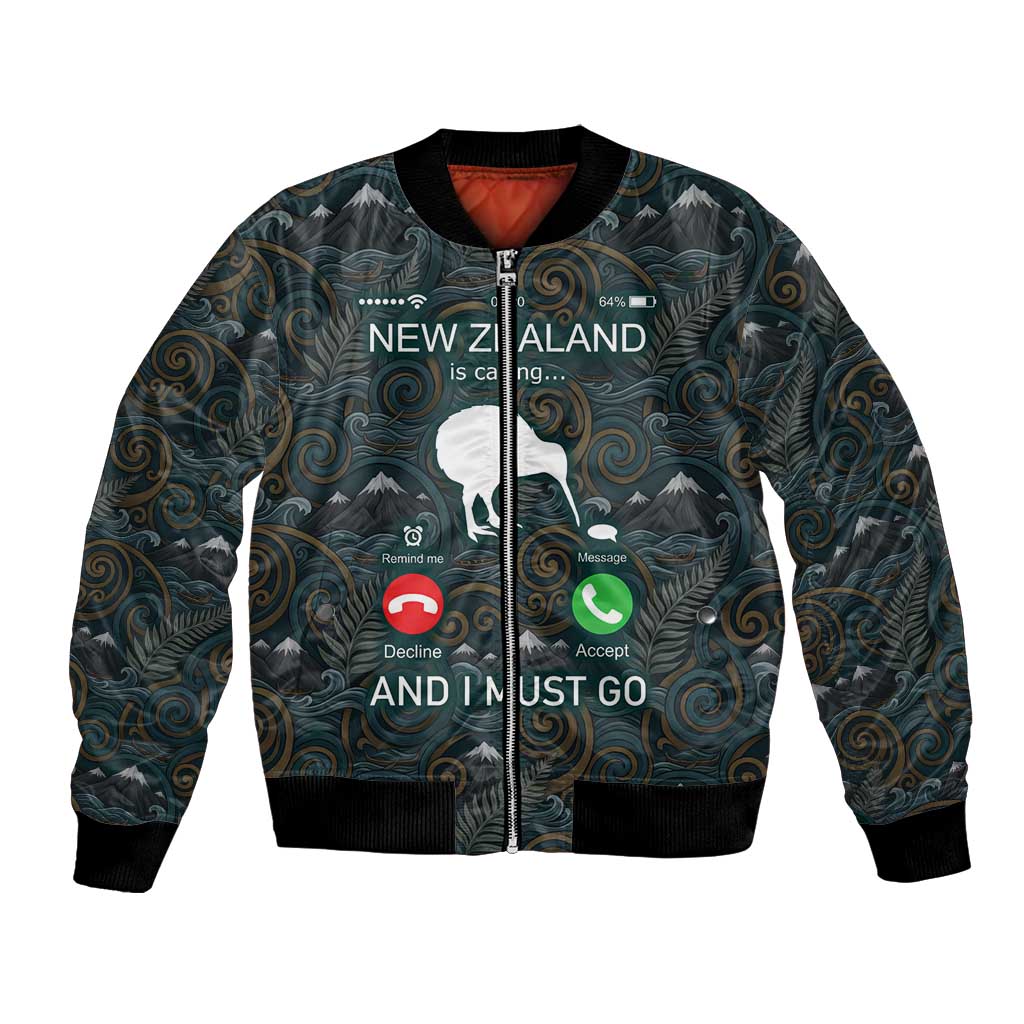 New Zealand is Calling and I Must Go Bomber Jacket Kiwi Bird Silhouette