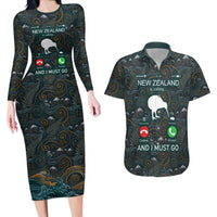 New Zealand is Calling and I Must Go Couples Matching Long Sleeve Bodycon Dress and Hawaiian Shirt Kiwi Bird Silhouette