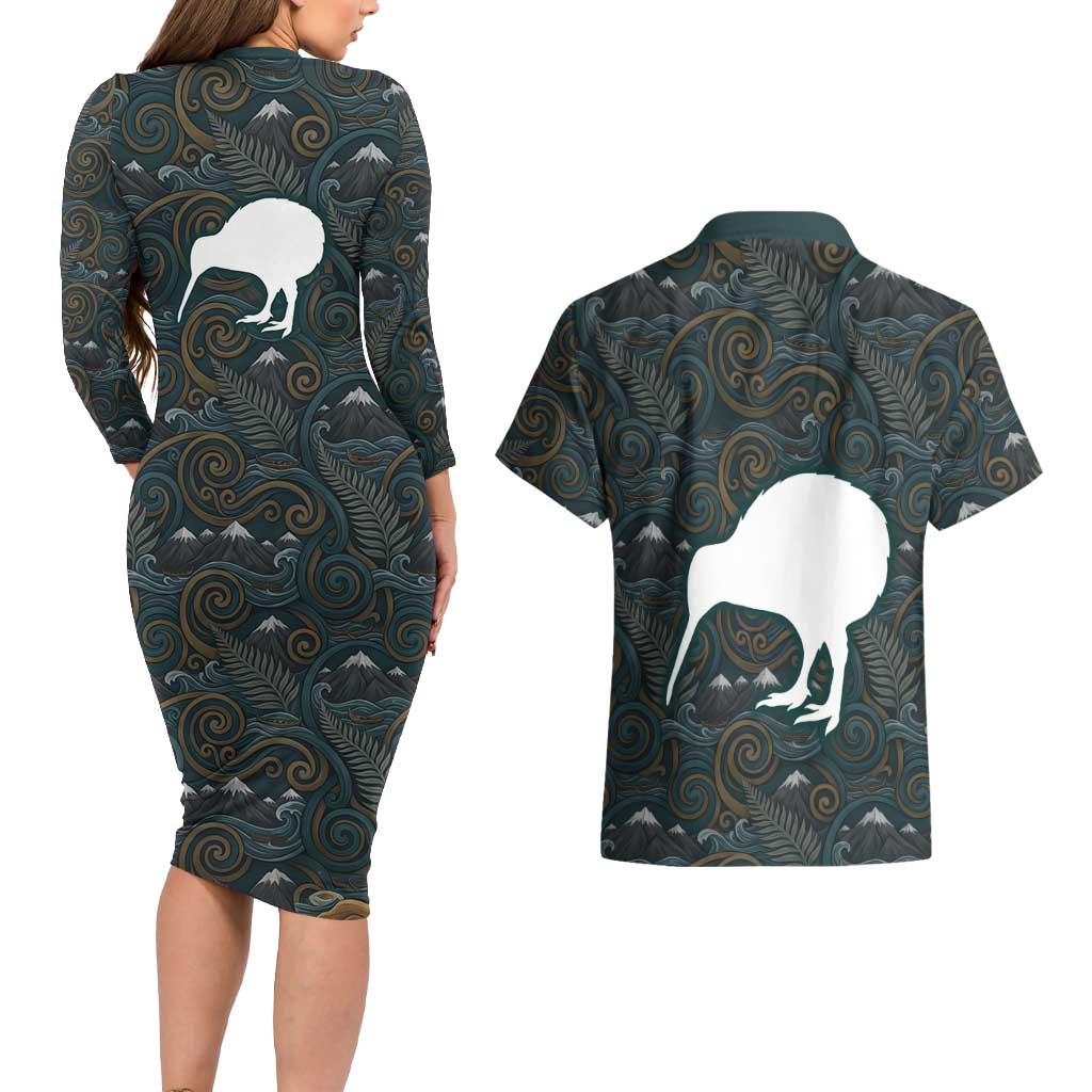 New Zealand is Calling and I Must Go Couples Matching Long Sleeve Bodycon Dress and Hawaiian Shirt Kiwi Bird Silhouette